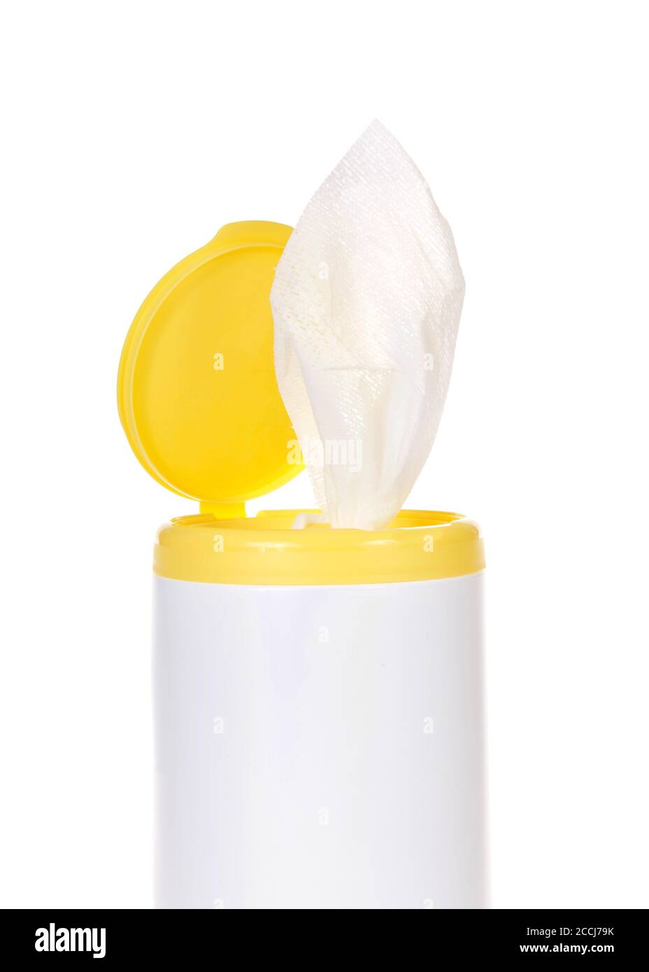 Close up on top of a pop up disinfecting wipes container, isolated on