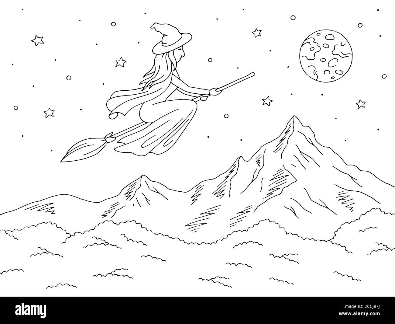 Witch flying on a broomstick. Mountain graphic black white landscape sketch illustration vector Stock Vector