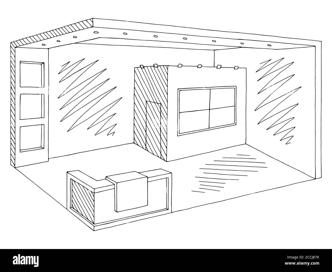 Exhibition stand graphic interior black white sketch illustration vector Stock Vector