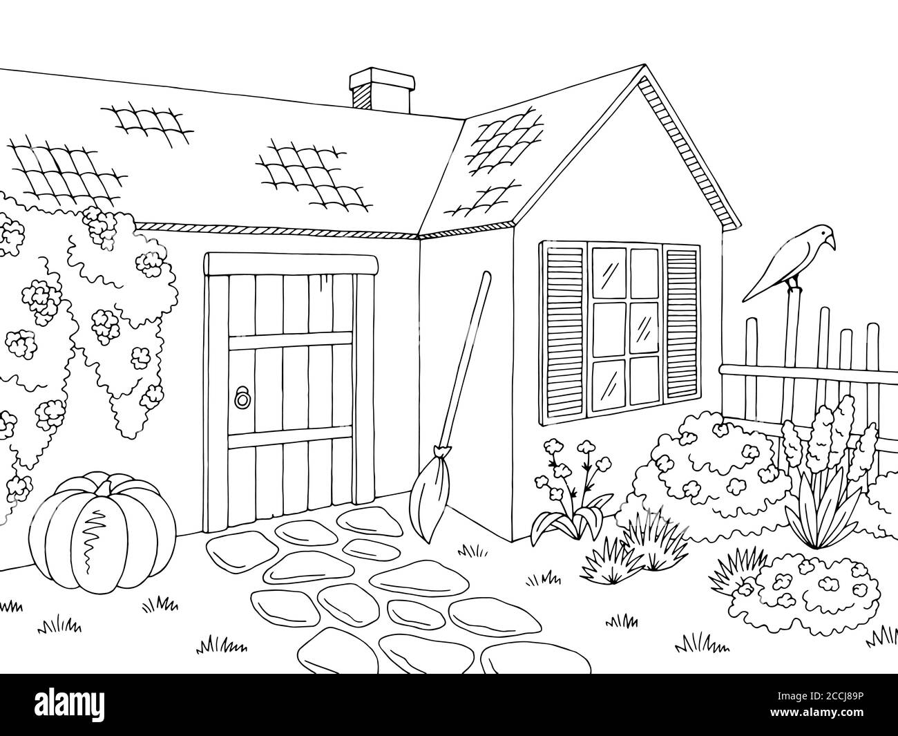Witch house exterior graphic black white sketch illustration vector Stock Vector