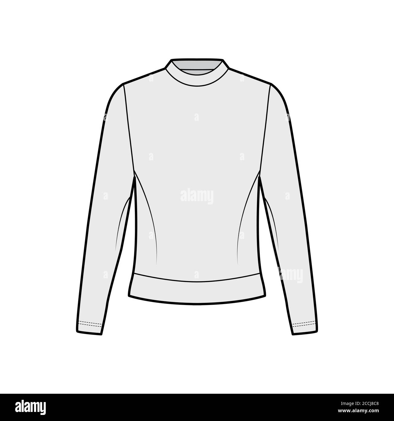 Cotton-terry sweatshirt technical fashion illustration with crew neckline, long sleeves, oversized. Flat jumper apparel outwear template front, grey color. Women, men, unisex top CAD mockup Stock Vector