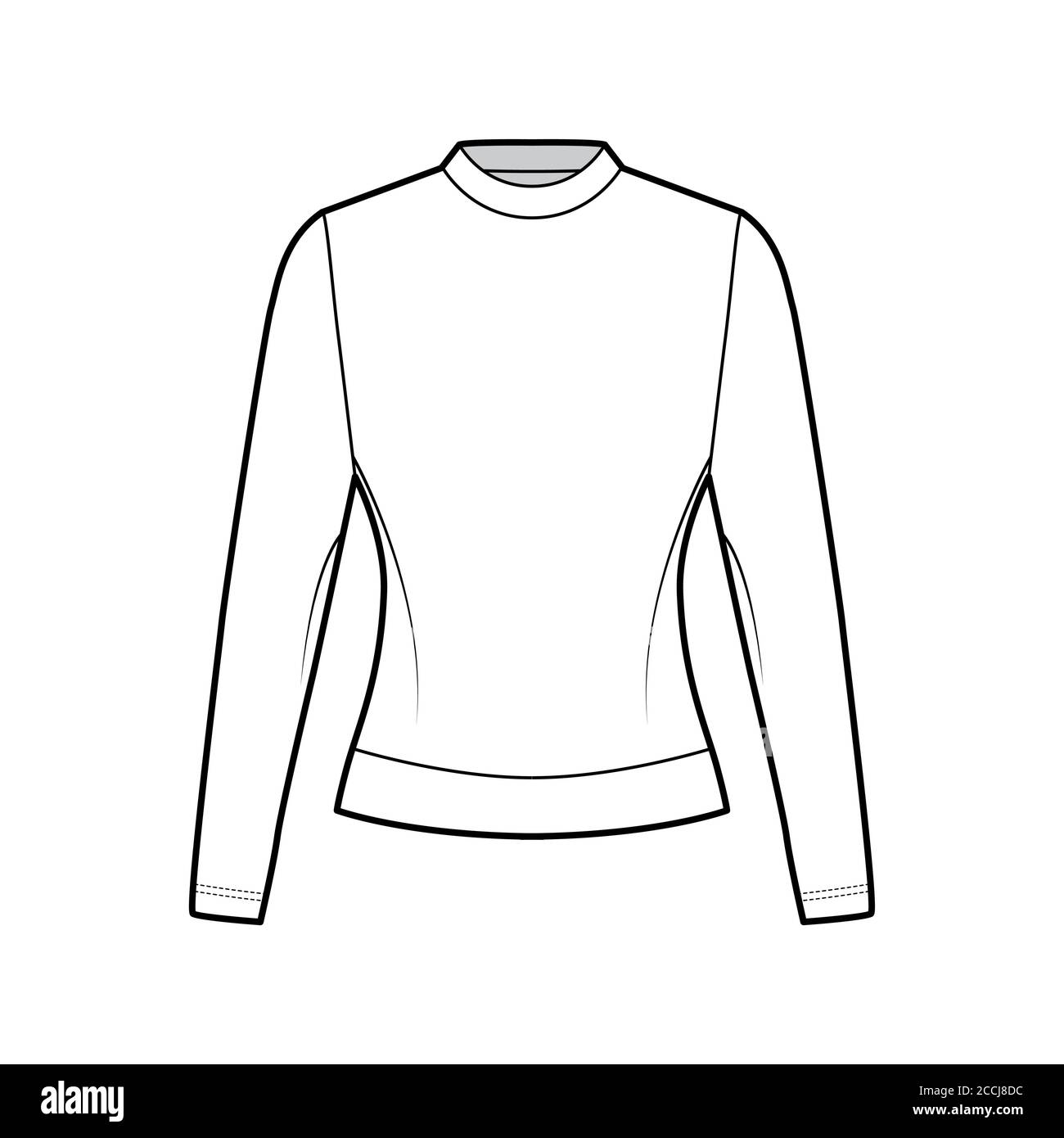 Cotton-terry sweatshirt technical fashion illustration with fitted body, crew neckline, long sleeves. Flat jumper apparel outwear template front, white, color. Women, men, unisex top CAD mockup Stock Vector