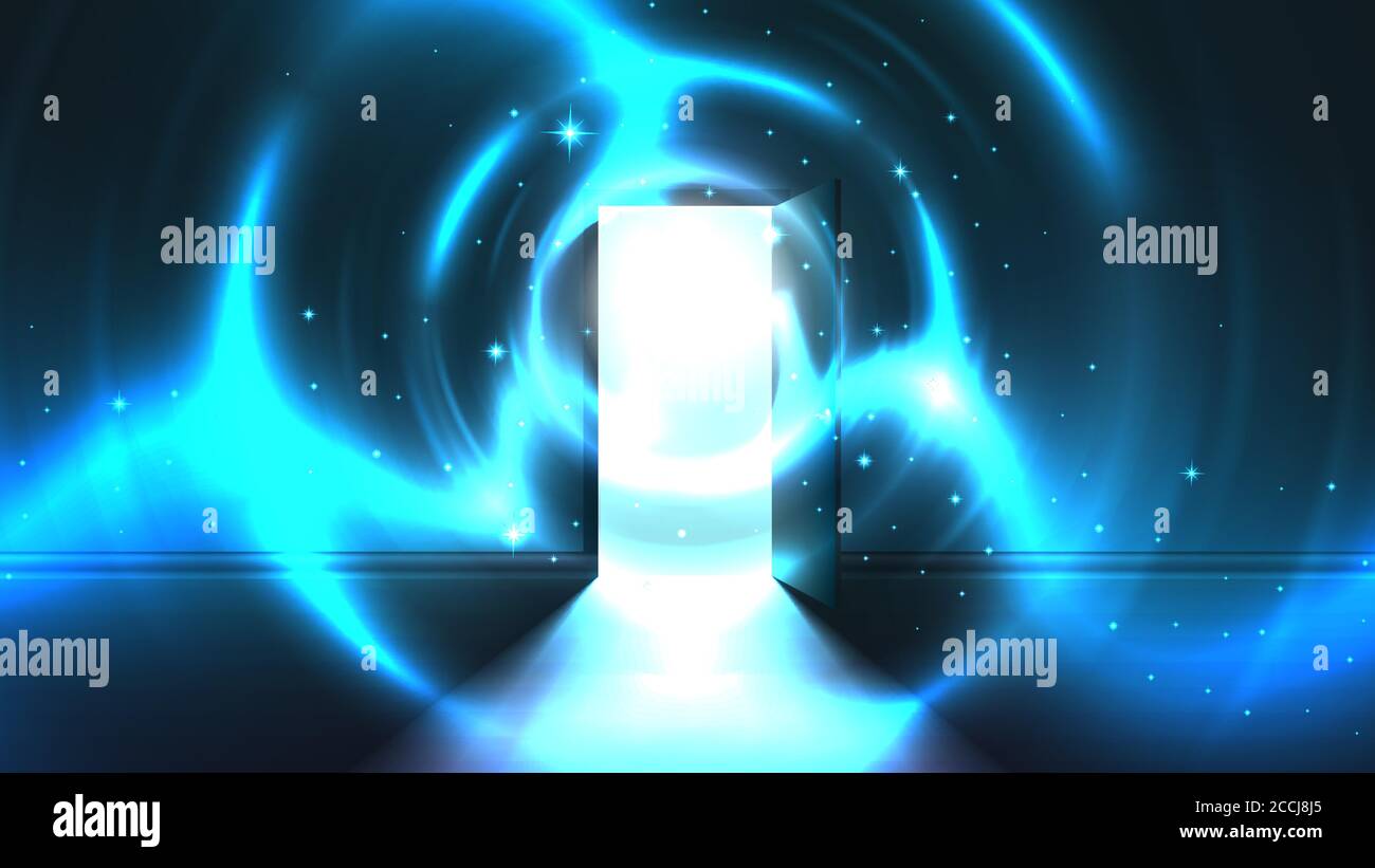 Light tunnel from open door of dark room, abstract mystical paranormal glowing exit. Light in the end of a tunnel. Portal to another world, alien univ Stock Vector