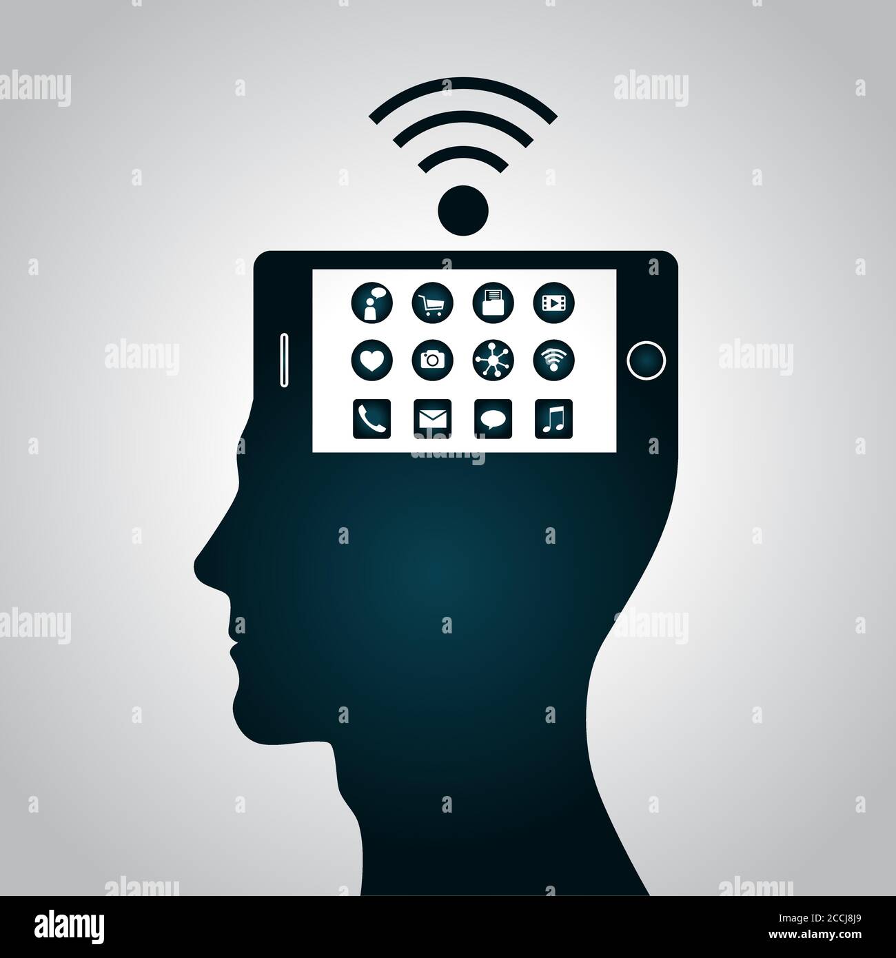 Smartphone, head, brain. Change, replacement way of thinking, mind control, perception management. Robot, biorobot. Vector illustration Stock Vector