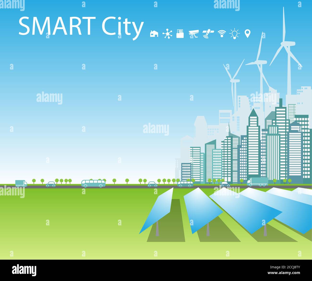 Vector illustration a city using alternative clean natural energy ...