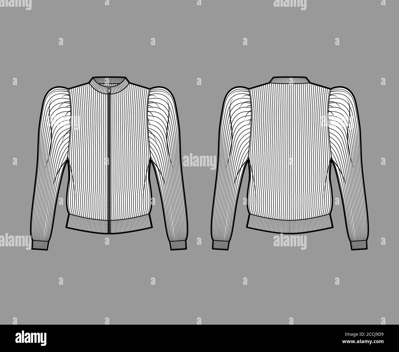 Zip-up ribbed cotton-jersey sweatshirt technical fashion illustration with gathered, puffy long sleeves, relaxed fit. Flat jumper apparel template front, back, white color. Women men unisex top knit Stock Vector