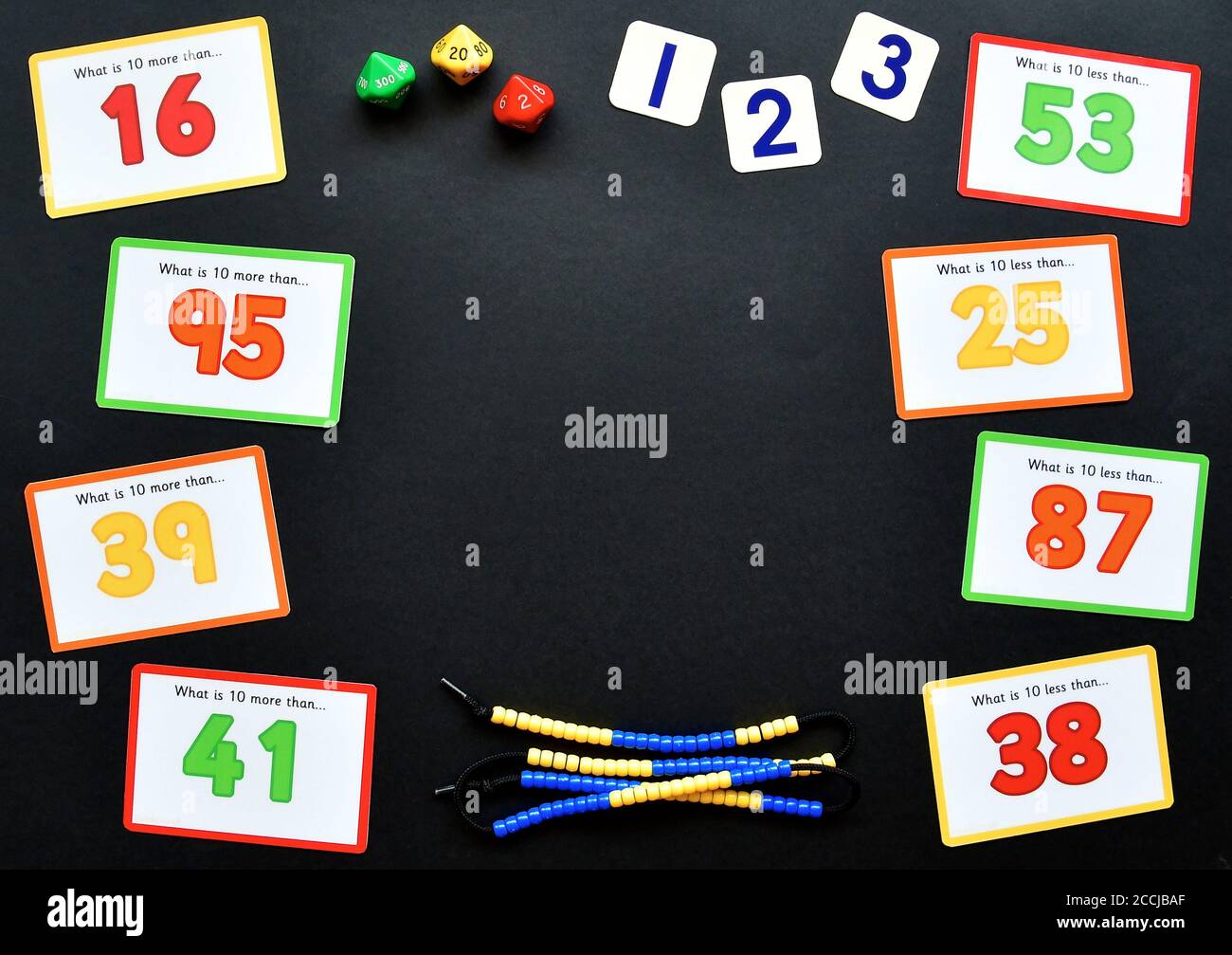 Maths concept flatlay on a black background with copyspace, focusing on number, addition, subtraction and counting with beaded number lines, place val Stock Photo