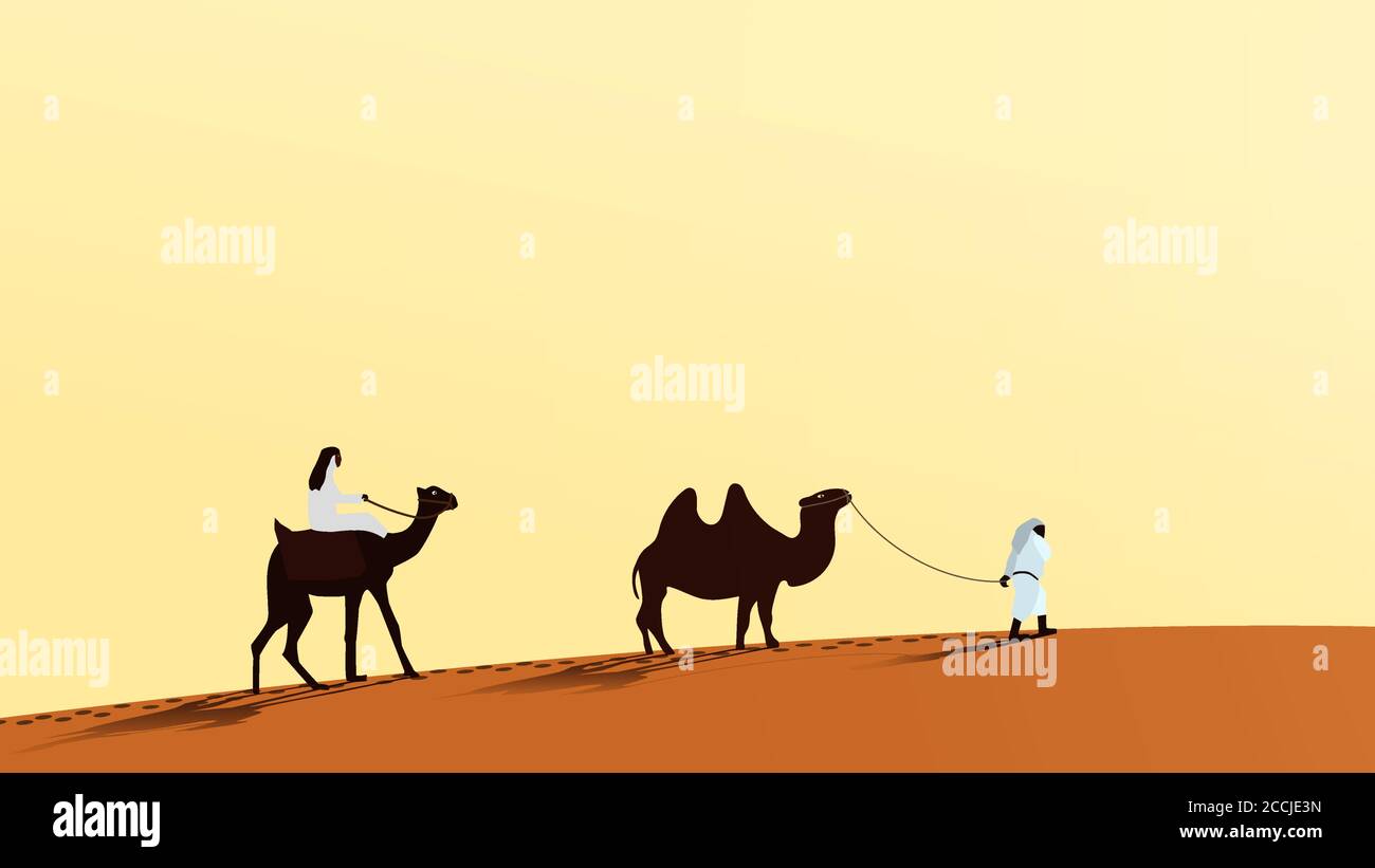 A caravan of camels with people walking along the desert sand. A man rides a camel. The second person leads the camel over the leash. Vector EPS10. Stock Vector