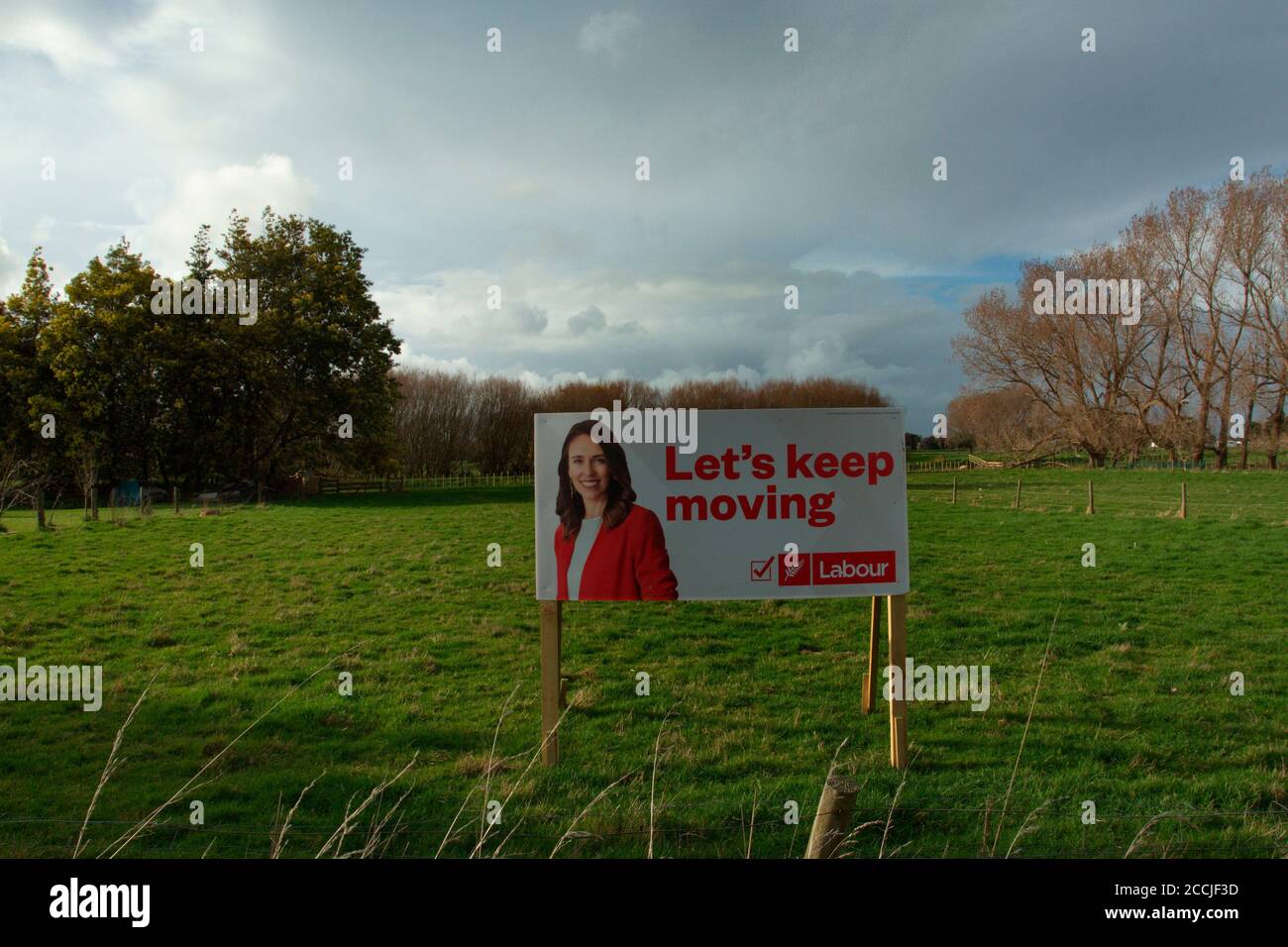 AWAHURI, New Zealand - 20 August 2020 - An election biil board of New Zealand's ruling Labour Party, featuring party leader and current New Zealand Prime Minister Jacinda Ardern, greets motorists as they pass through the settlement of Awahuri. New Zealanders are poised to go to the polls on October 17, athe first election since the onset of the global coronavirus pandemic. Picture: Giordano Stolley Stock Photo