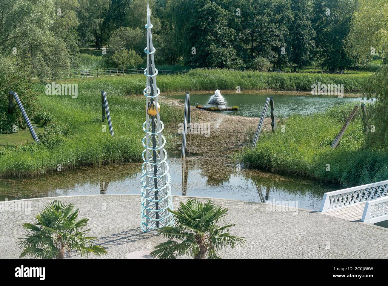 Berlin, Germany- july 30, 2020: sun dial and lake at Britzer Garten Stock Photo
