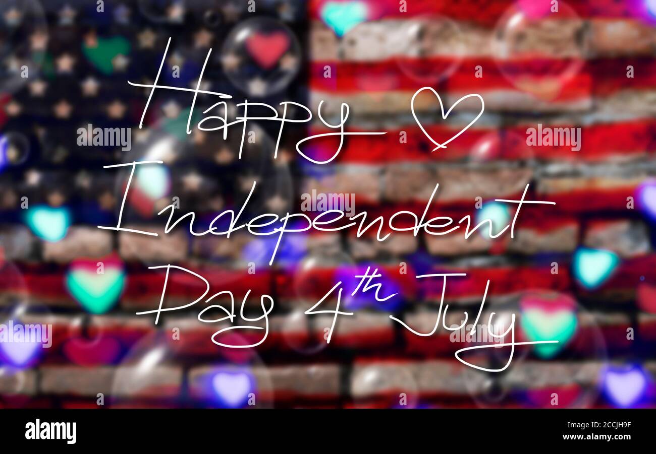 Fourth of July. Happy Independence Day of the USA on America flag background poster with heart bokeh Stock Photo
