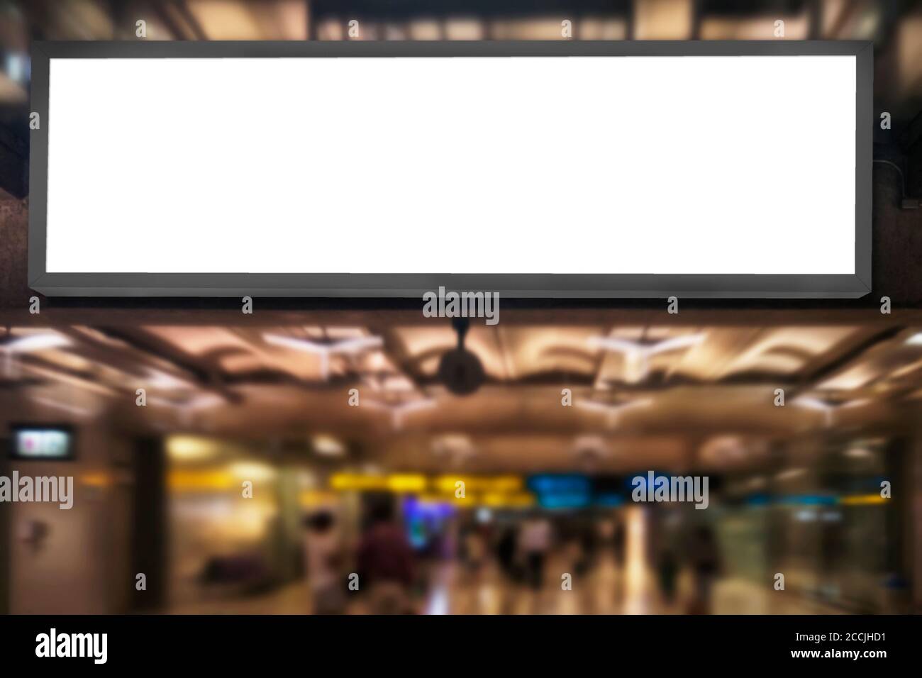Airport advertising concept : Empty blank white screen advertising billboard frame hang in airport Stock Photo