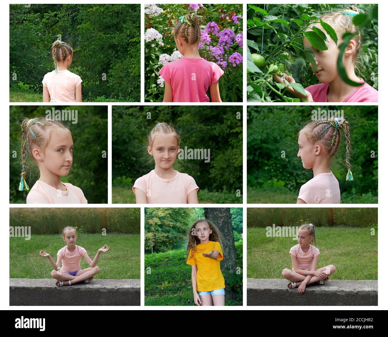 Collage with beautiful teenage blond Caucasian girl in summer season Stock Photo