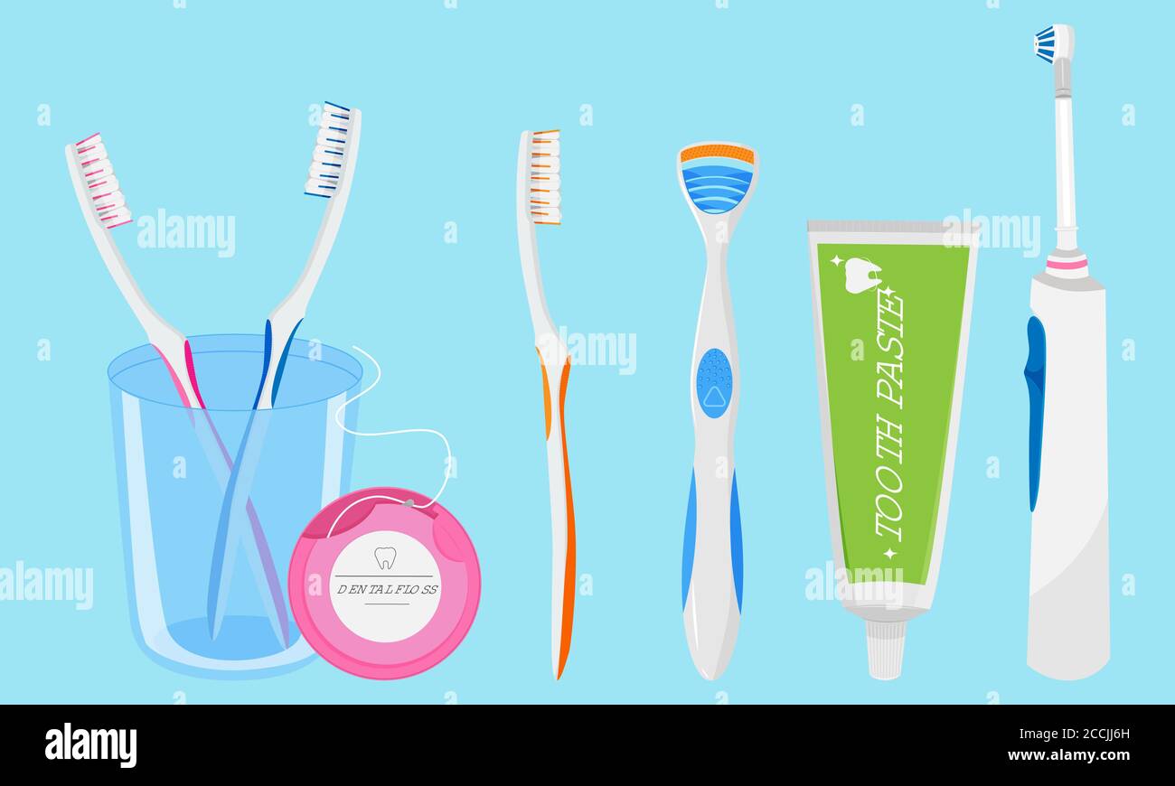 Vector set of elements for dental care and healthy teeth, toothbrush