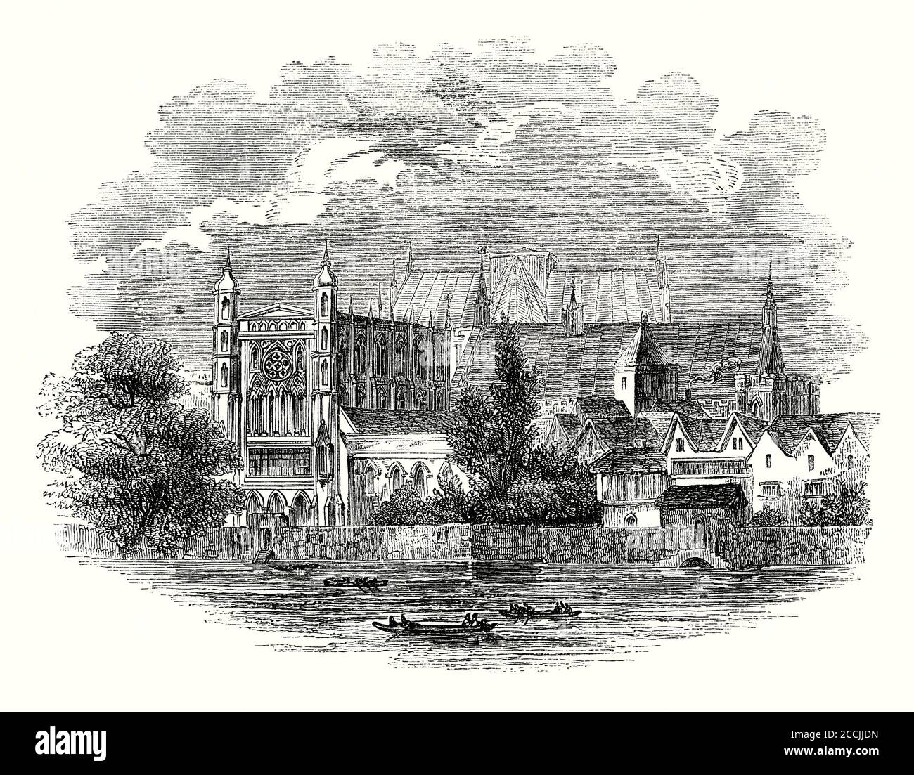 An old engraving of old Palace of Westminster, London, England, UK in the 1700s seen from the River Thames. The Palace of Westminster was the monarch's principal residence in the late Medieval period. The ‘Model Parliament’, the first official Parliament of England, met there in 1295. After 1707 all British Parliaments have met at the Palace. Christopher Wren in the late 17th century completely redesigned the interior. In 1834 fire broke out and most of the buildings in the palace complex were destroyed. Stock Photo