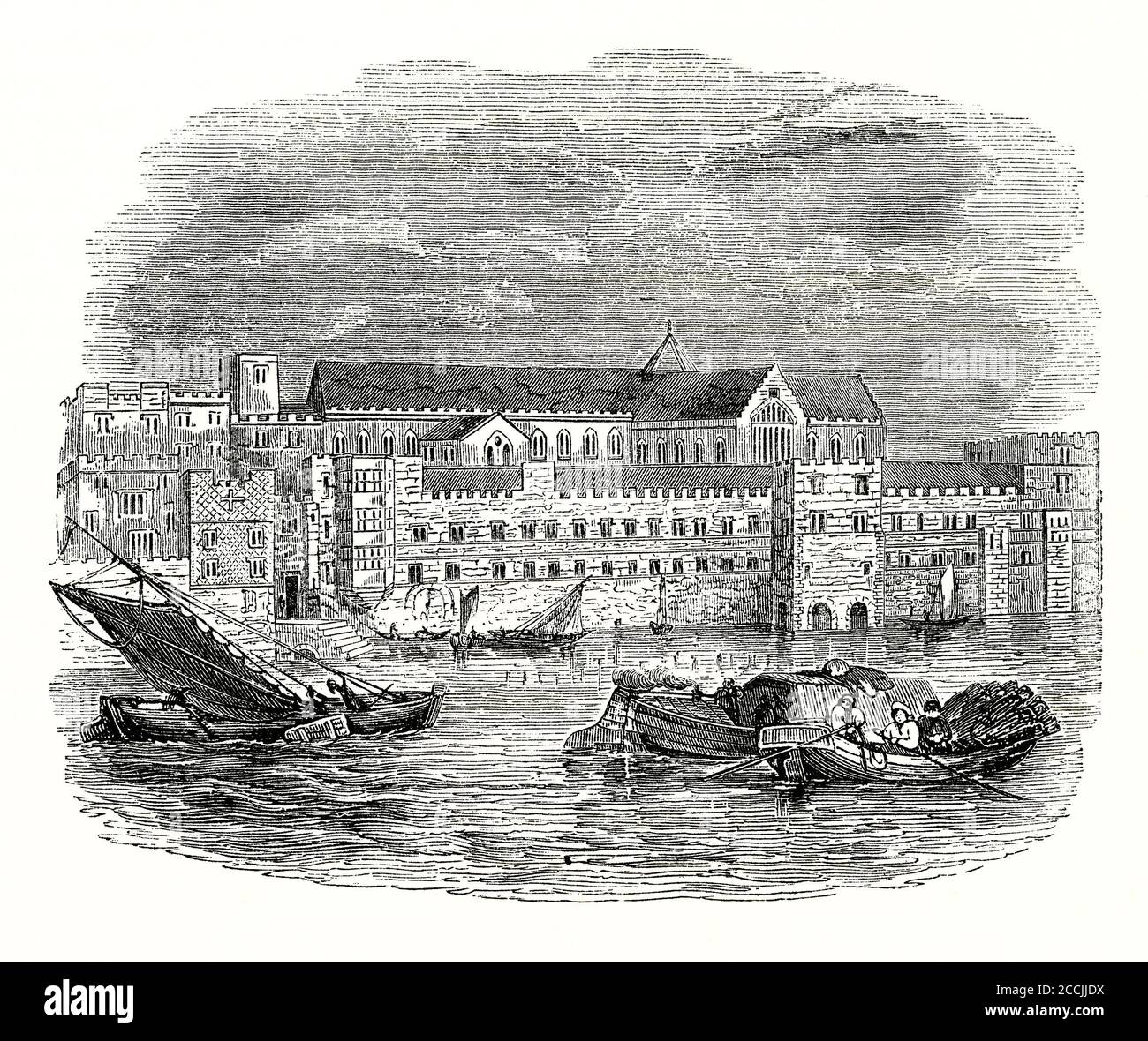 An old engraving of the Savoy Hospital (formerly the Savoy Palace), the Strand, London, England, UK in the 1600s seen from the River Thames. The Savoy Palace was the home of John of Gaunt until it was destroyed during the Peasants' Revolt of 1381. It was here that Henry VII founded the Savoy Hospital for poor people. It was the most impressive hospital of its time in the country and the first to benefit from permanent medical staff. Each evening the gates were opened and the poor entered and were allotted a bed for the night. In the morning they left (though the sick were allowed to remain). Stock Photo