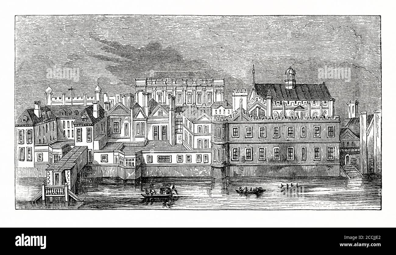 An old engraving from the River Thames showing The Palace of Whitehall (or White Hall), Westminster, London, England, UK in the 1600s. The palace was the main residence of the English monarchs from 1530 until 1698, when most of its structures were destroyed by fire. Henry VIII moved the royal residence here after the old royal apartments at the nearby Palace of Westminster were themselves destroyed by fire. Whitehall was at one time the largest palace in Europe, with more than 1,500 rooms. The palace gives its name to the famous street now located on the site. Stock Photo