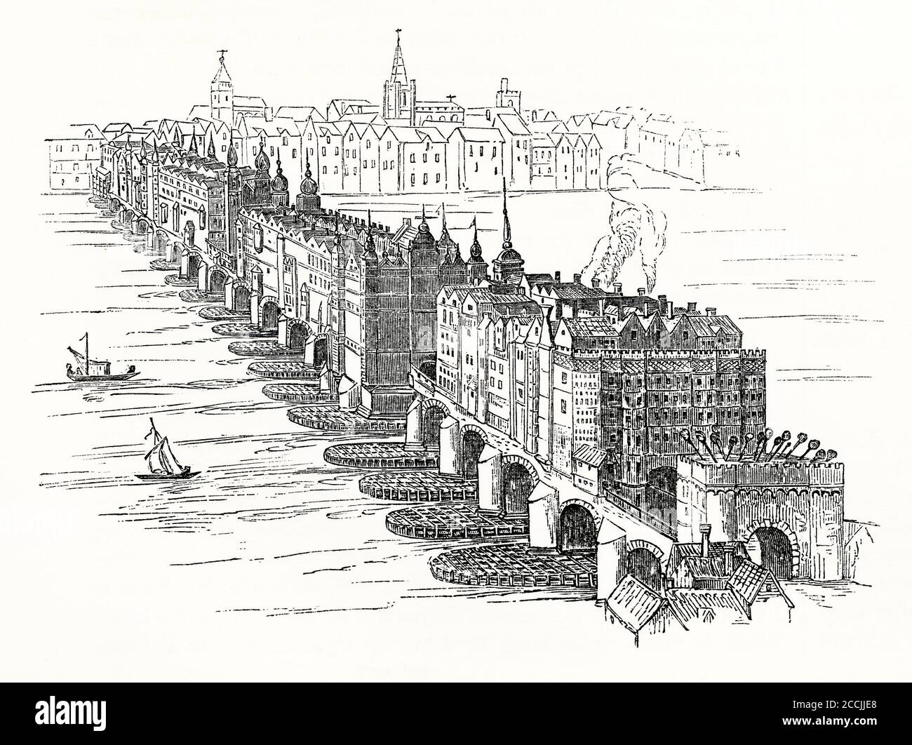An old engraving of London Bridge c. 1650 depicting the medieval bridge with buildings from end to end. This stone-built medieval arched structure replaced earlier timber bridges. Work began in 1176. It was finished by 1209. It had a drawbridge to allow for the passage of tall ships, plus defensive gatehouses at both ends. By 1358 it had 138 shops on the bridge. The buildings on London Bridge were a major fire hazard. Traitors’ heads were displayed on spikes at the Stone Gateway on the south bank (bottom right). This began in about 1300 and continued until about 1660. Stock Photo