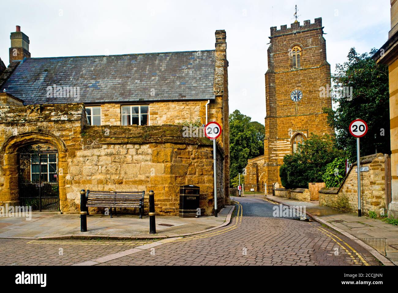 15th C House and St Marys Church, Towcester, Northamtonshire, England Stock Photo