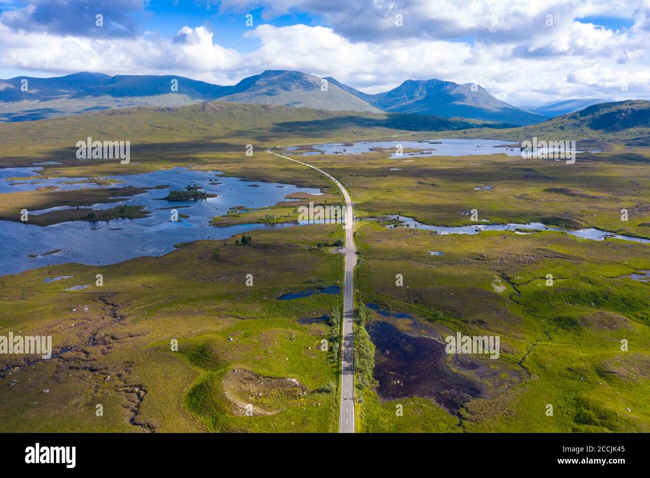 Aerial view of A82 road crossing Rannoch Moor in summer, Scotland, UK Stock Photo