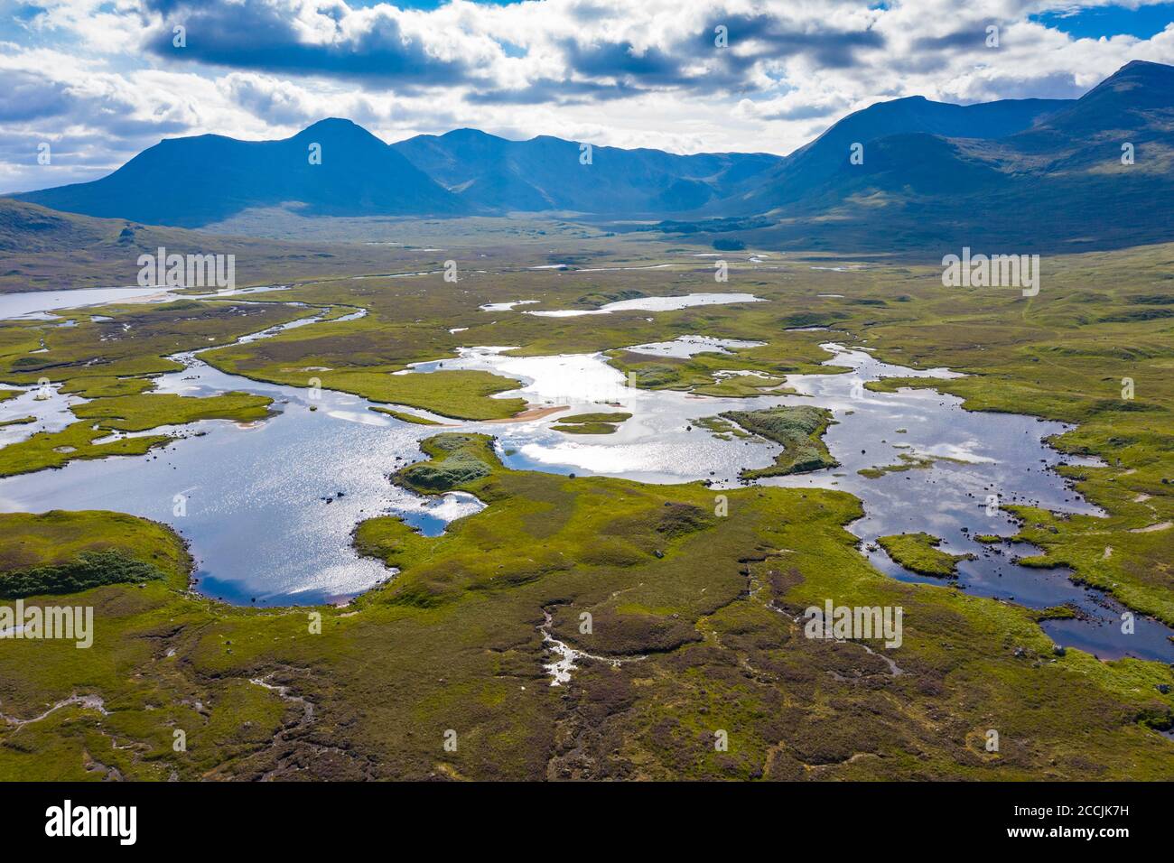 Aerial view of Lochan na Stainge on Rannoch Moor in summer, Grampian