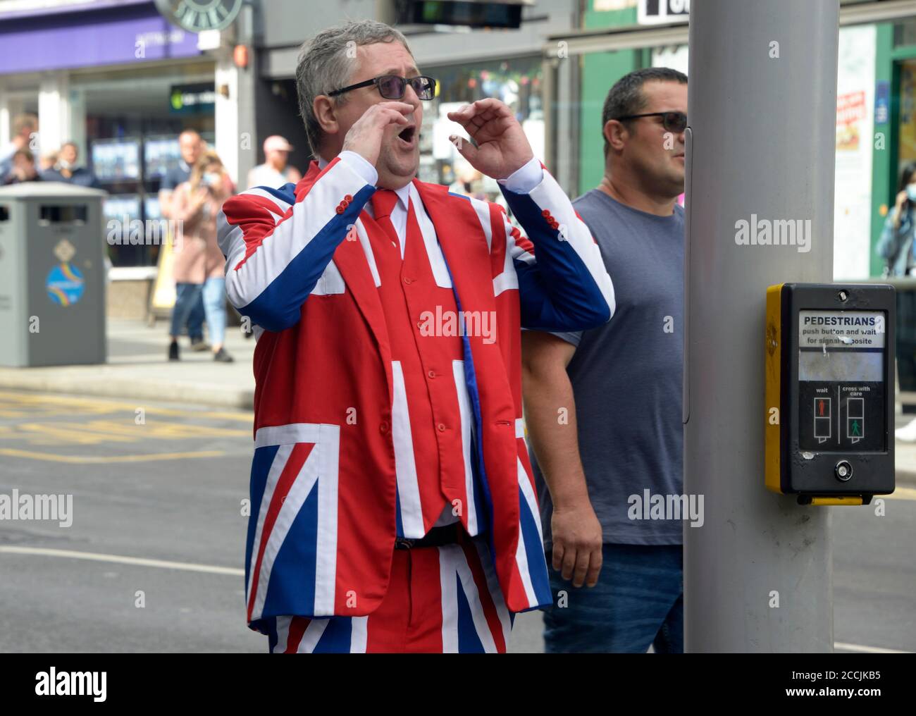 Right wing protester in Union Jack suit. Stock Photo