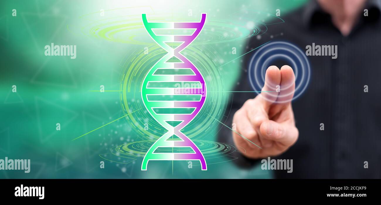 Man touching a transhumanism concept on a touch screen with his fingers Stock Photo