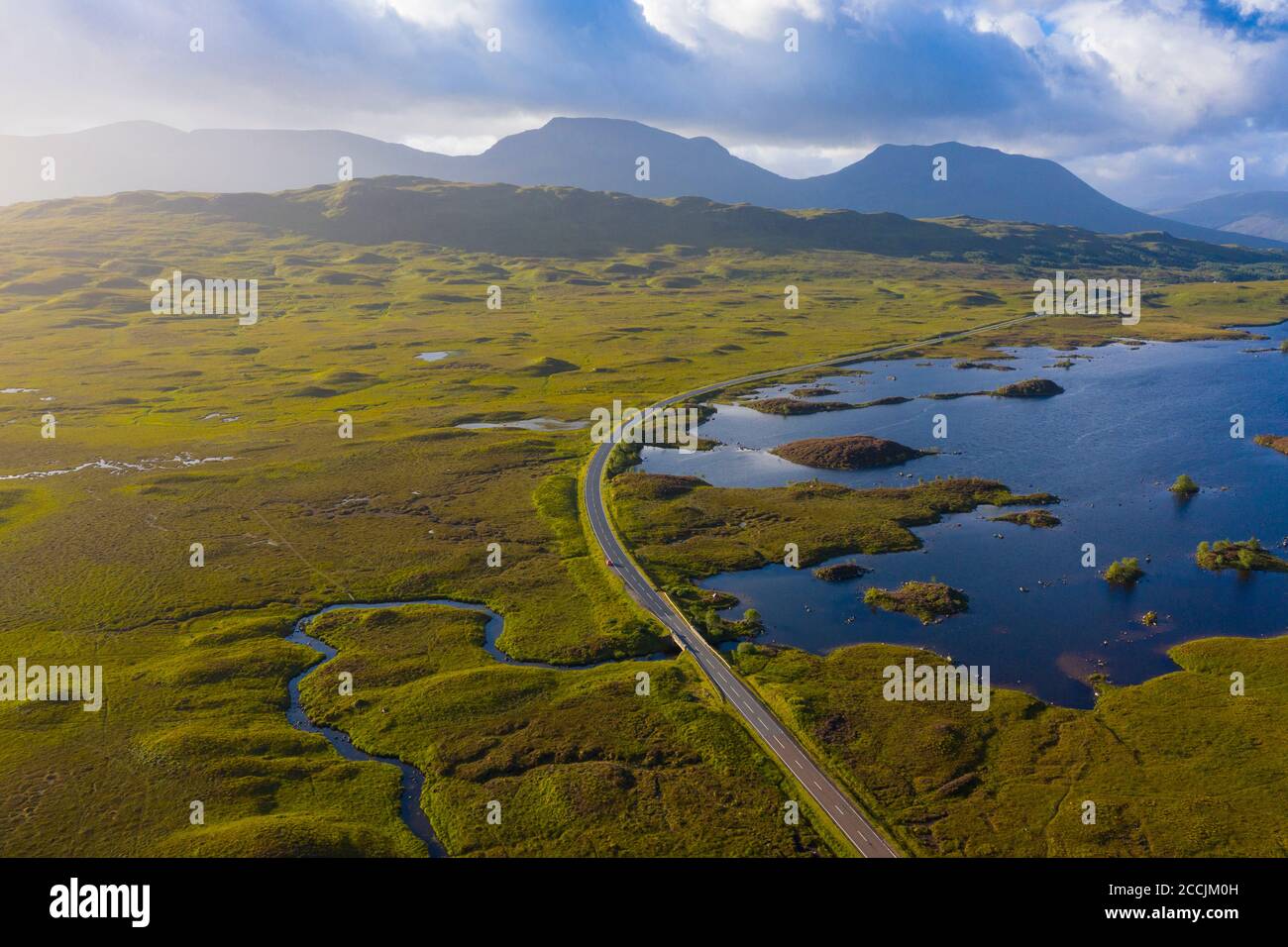Aerial view of Lochan na h-Achlaise and A82 road crossing Rannoch Moor in summer, Scotland, UK Stock Photo