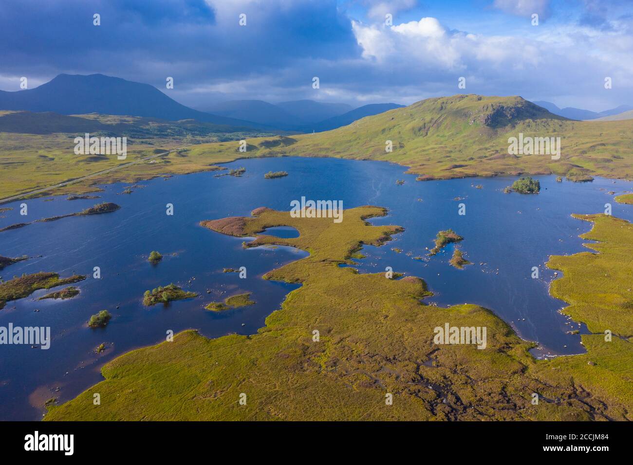 Aerial view of Lochan na h-Achlaise on Rannoch Moor in summer, Scotland, UK Stock Photo