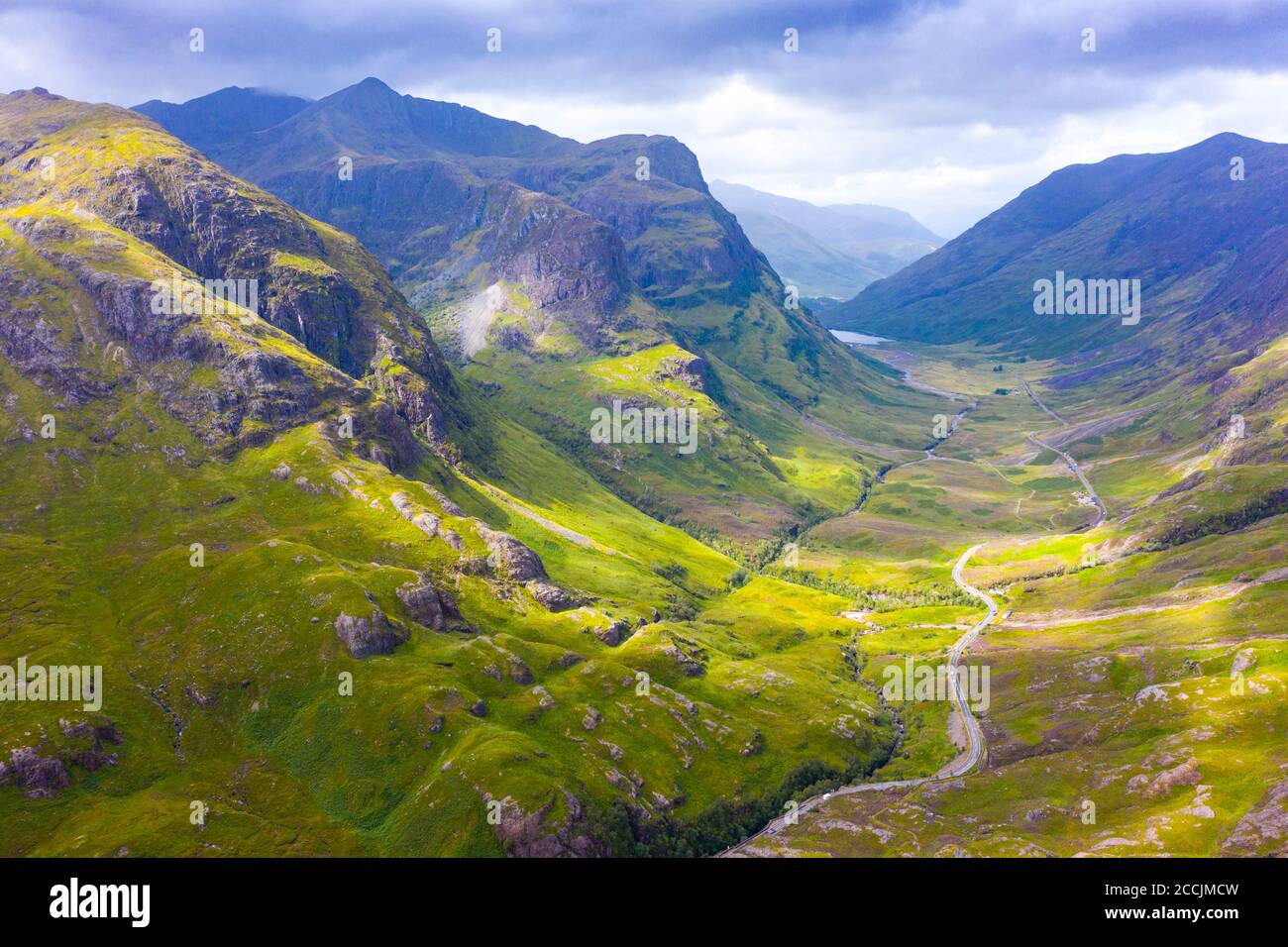 Aerial view of Beinn Fhada nearest part of Bidean Nam Bian also known as the Three Sisters of Glencoe , Highland Region, Scotland, UK Stock Photo