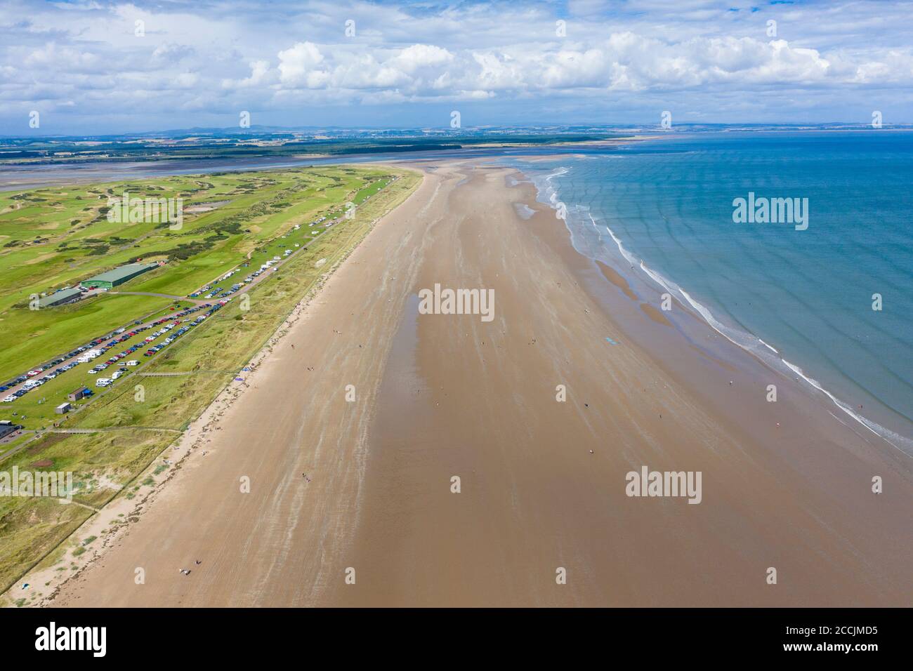 Aerial view of West Sands beach at St Andrews on Fife coast in Scotland, UK Stock Photo