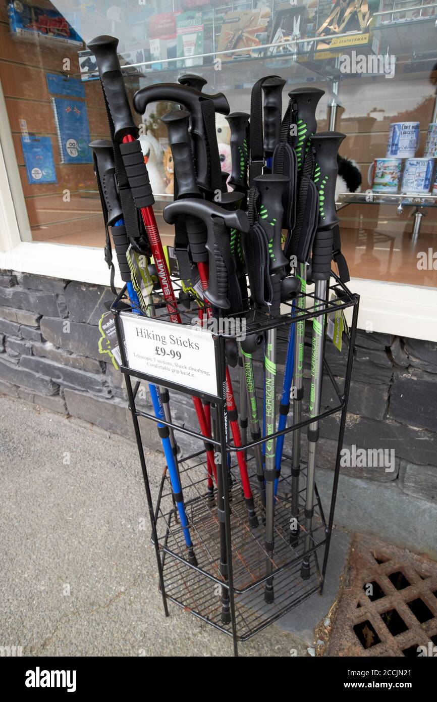 hiking sticks for sale outside a shop in coniston lake district, cumbria, england, uk Stock Photo