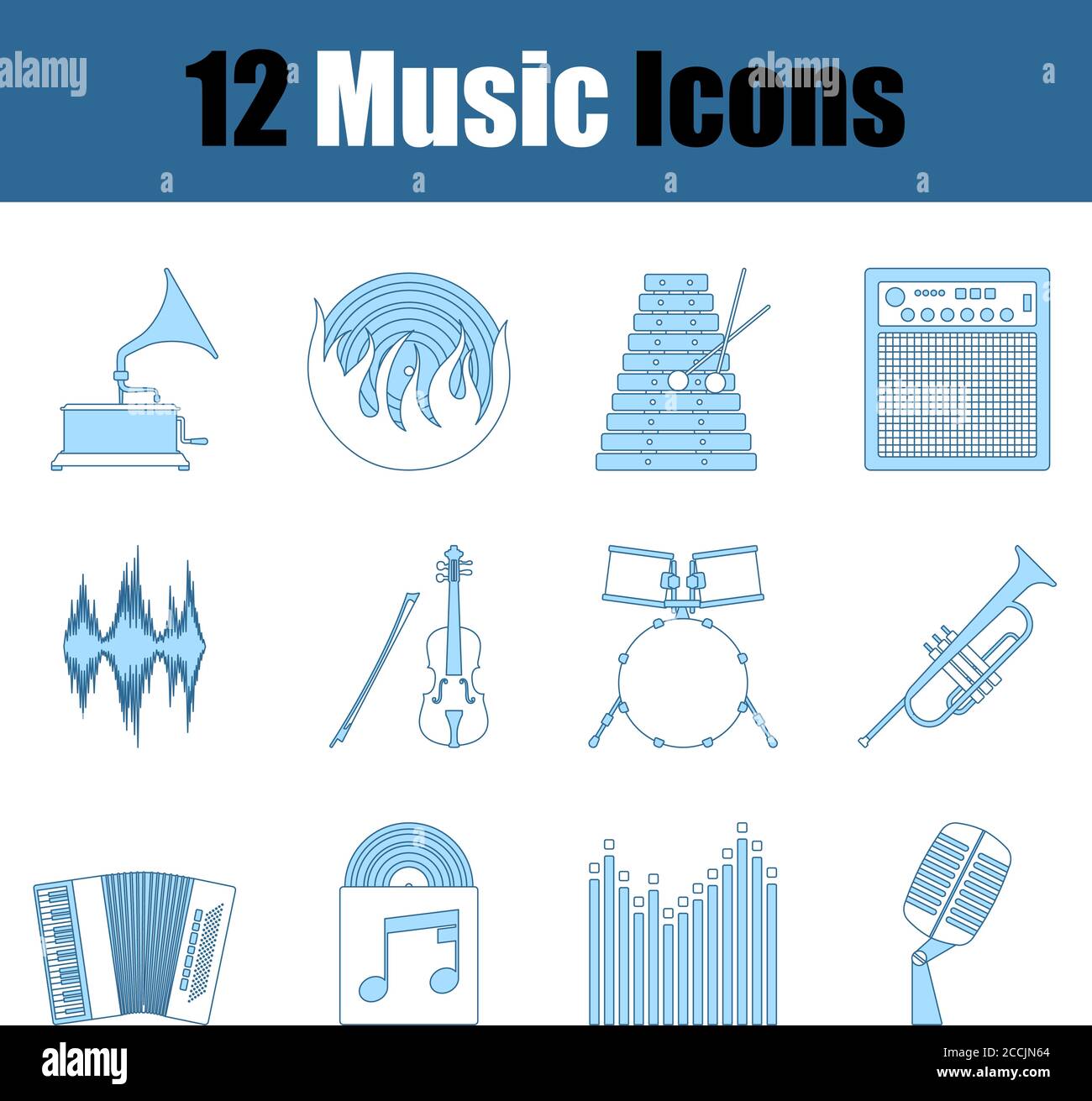 Music Icon Set. Thin Line With Blue Fill Design. Vector Illustration. Stock Vector