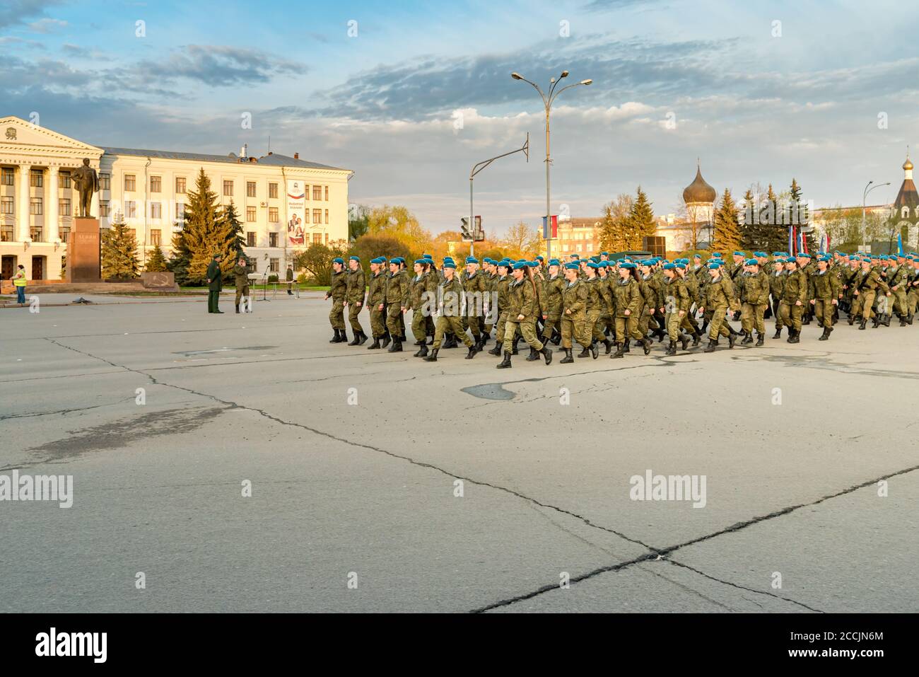 Pskov, Russian Federation - May 4, 2018: Female National Military troops of Ministry of Internal Affairs of Russia on the rehearsal of parade. Stock Photo