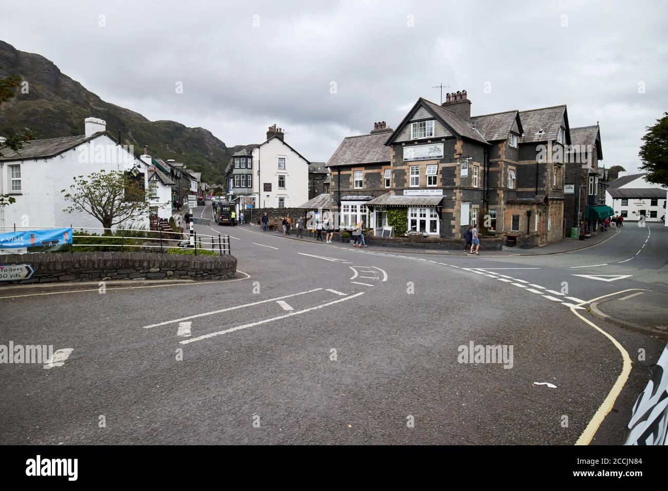 a593 yewdale road through the centre of coniston village lake district, cumbria, england, uk Stock Photo