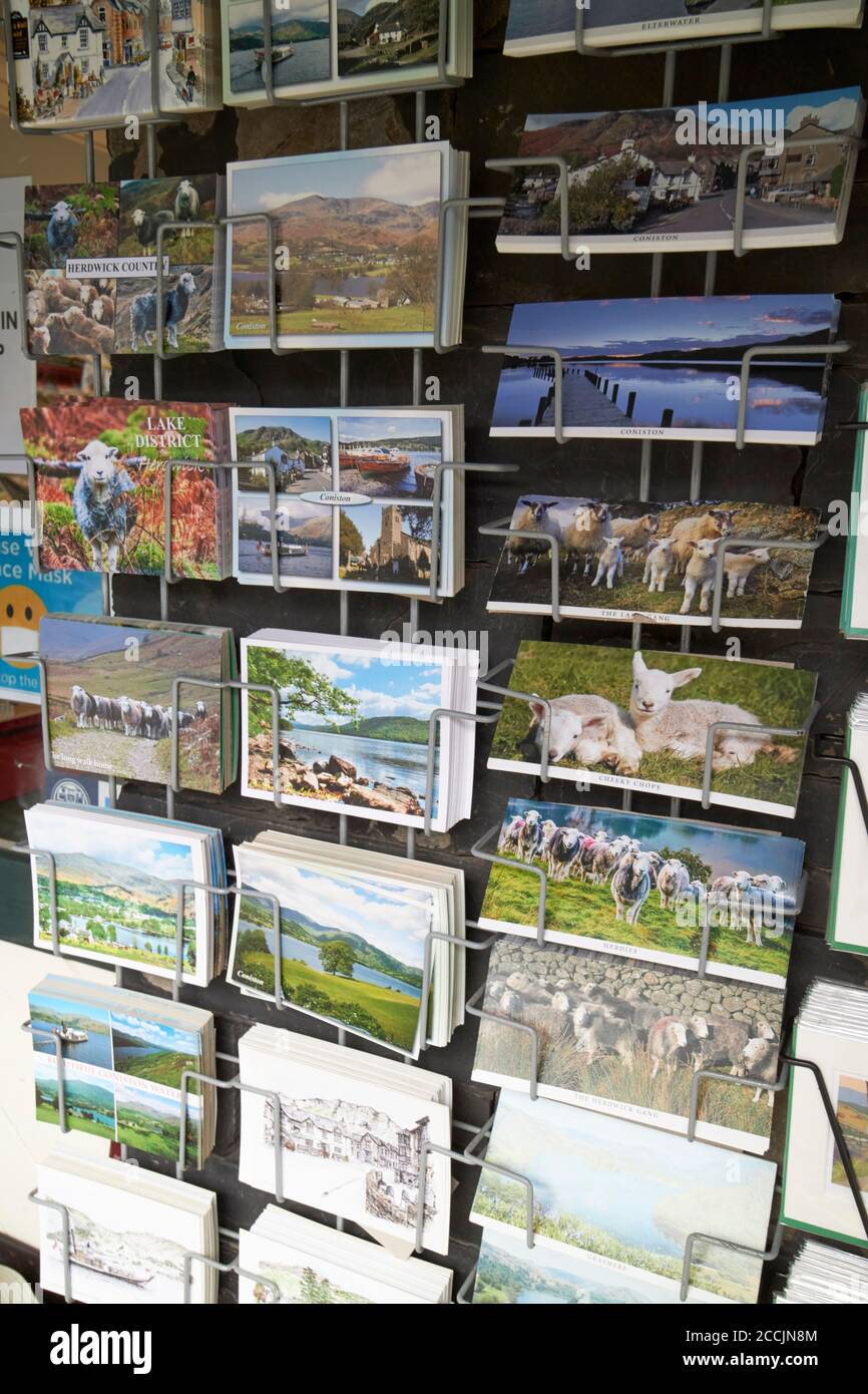 lake district postcards for sale outside a shop in coniston lake