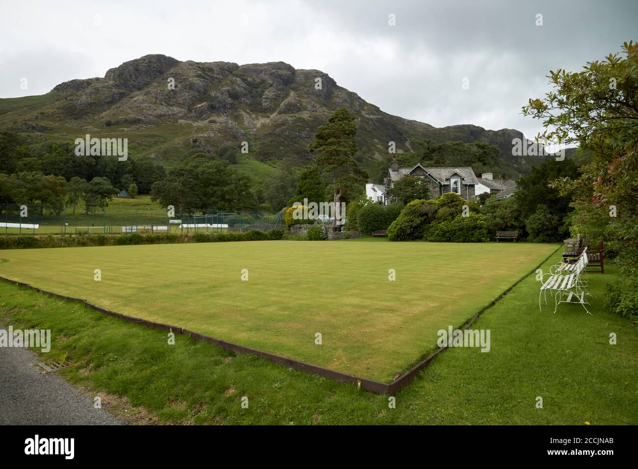 empty village bowling green under covid restrictions coniston lake district, cumbria, england, uk Stock Photo