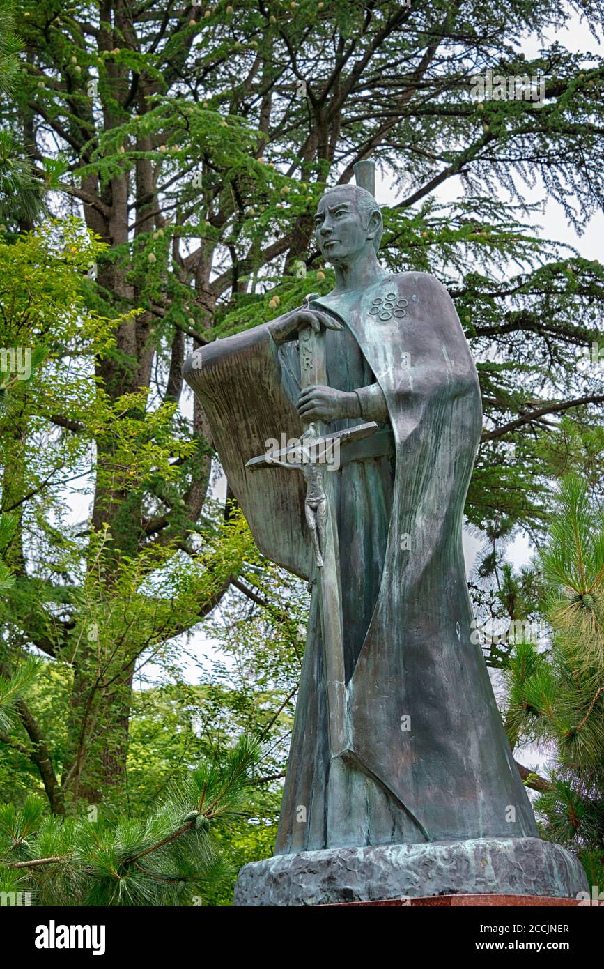 Statue of Takayama Ukon (1552-1615) at Takaoka castle Park in Takaoka, Toyama, Japan. Takayama Ukon was a Christian feudal lord in medieval Japan. Stock Photo