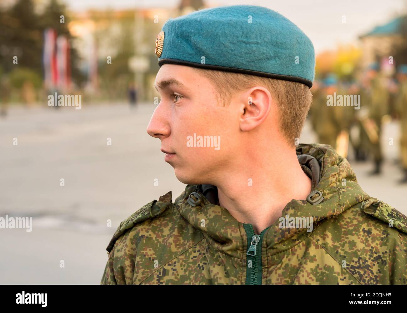Pskov, Russian Federation - May 4, 2018: Portrait of young soldier of Special Armed Forces Russian military with blue beret on the square of Pskov, Ru Stock Photo