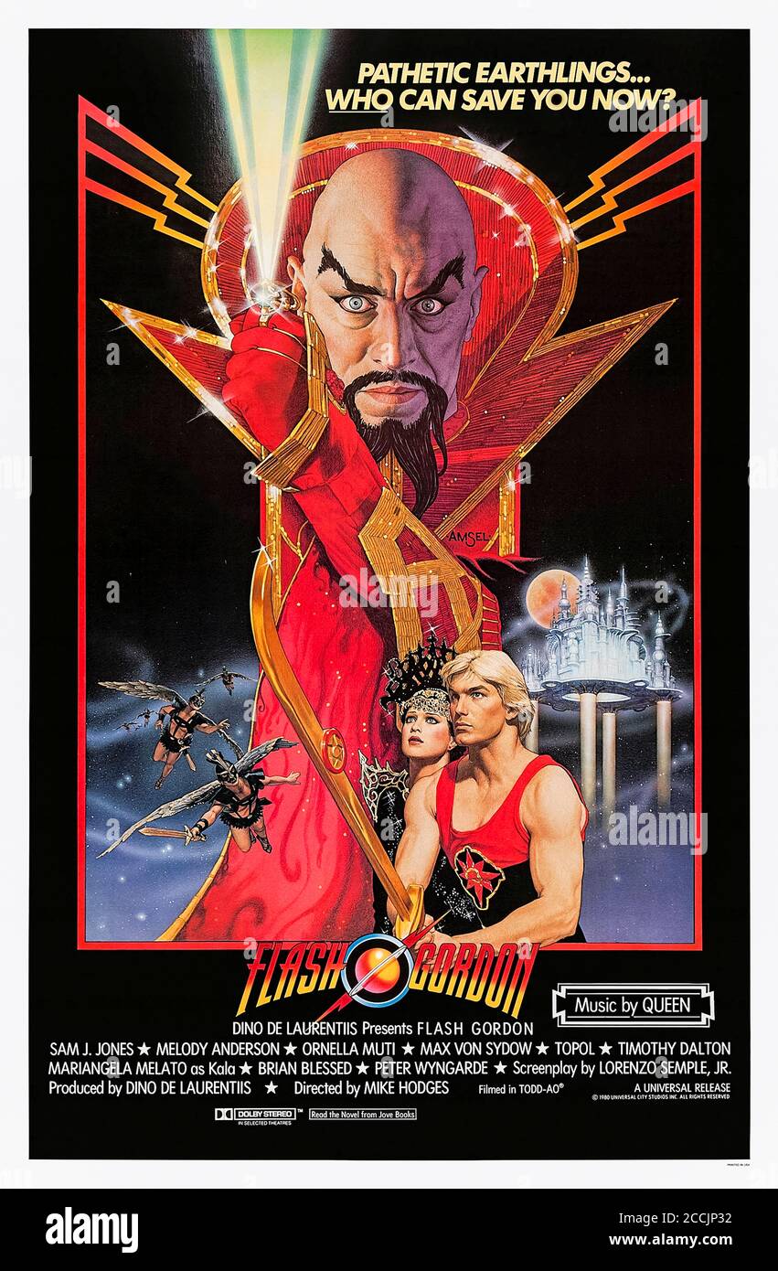Flash Gordon (1980) directed by Mike Hodges and starring Sam J. Jones, Melody Anderson, Max von Sydow and Brian Blessed. Can Flash and friends defeat the evil Ming the Merciless who is attacking Earth remotely from Mongo? Stock Photo