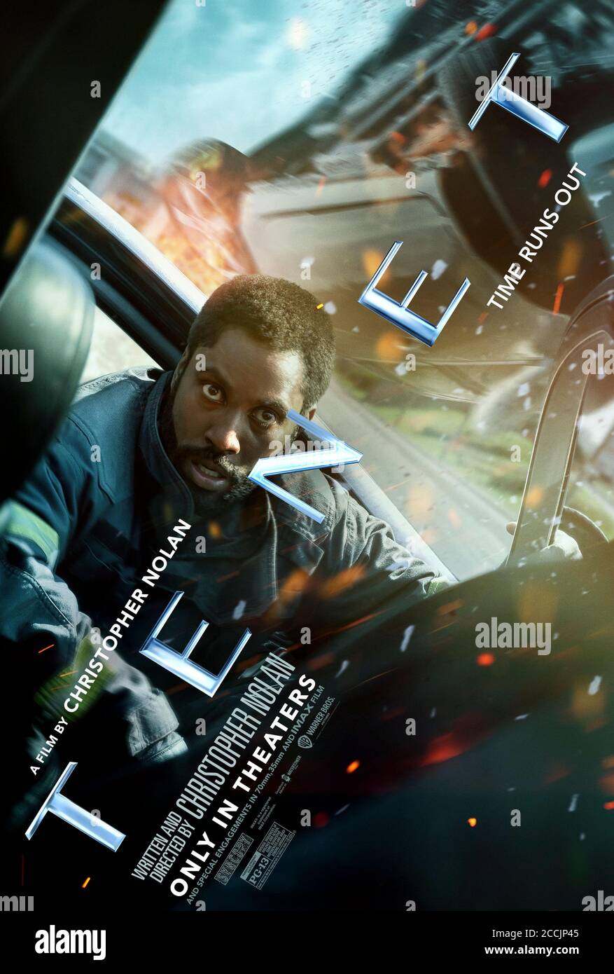 Tenet (2020) directed by Christopher Nolan and starring John David Washington as the Protagonist. International espionage with a twist of time travel and evolution. Stock Photo