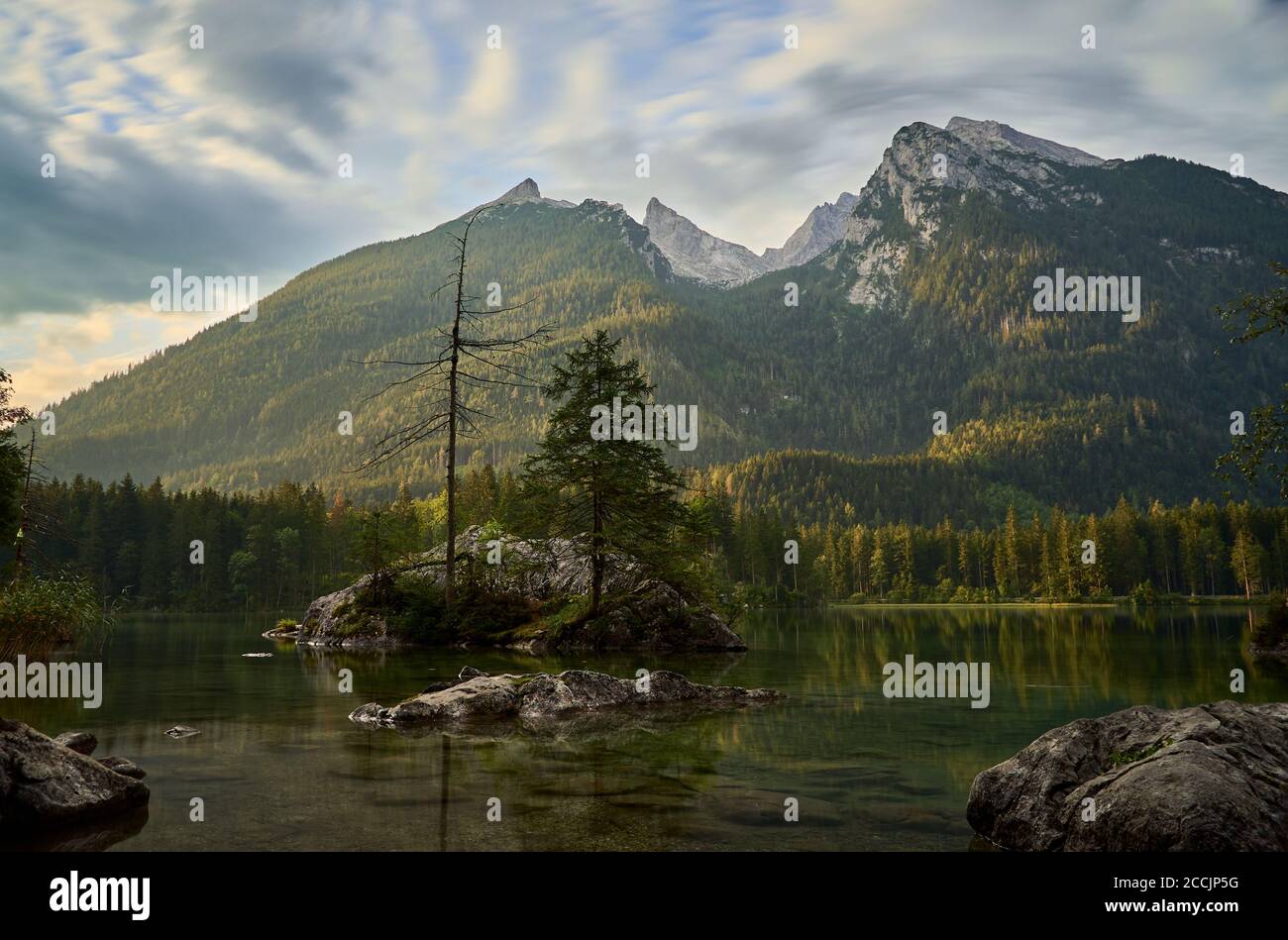 Alpine landscape with Lake Hintersee and Berchtesgaden Alps at sunrise in Ramsau, Germany Stock Photo
