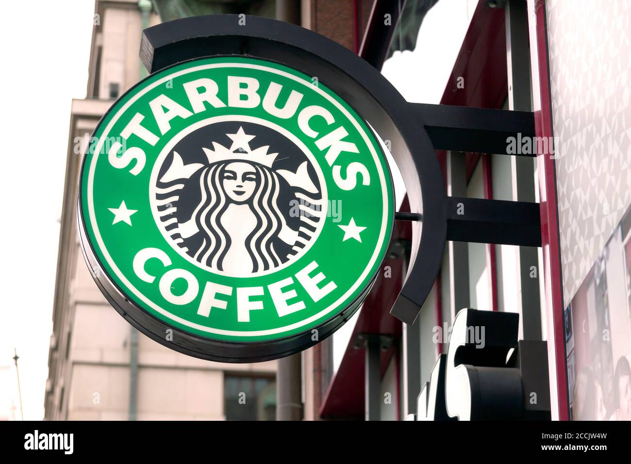 Prague, Czech Republic - December 24, 2012. Starbucks coffee logo. Starbucks Coffee is an American chain of coffee shops, founded in Seattle. Stock Photo