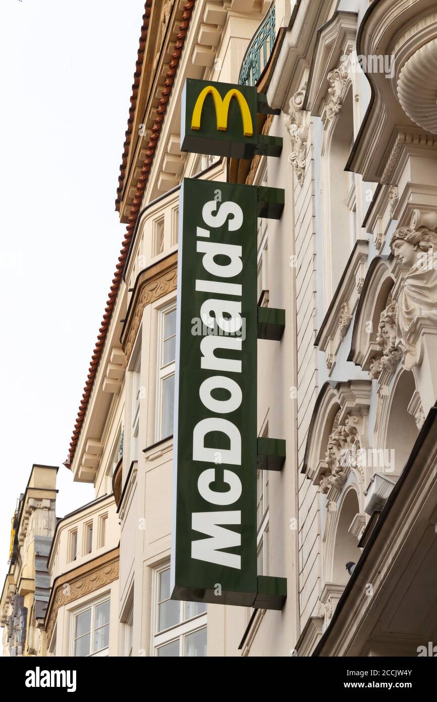 Prague, Czech Republic - December 24, 2012. McDonald's restaurant sign. McDonald's is the world's largest chain of hamburger fast food restaurants. Stock Photo