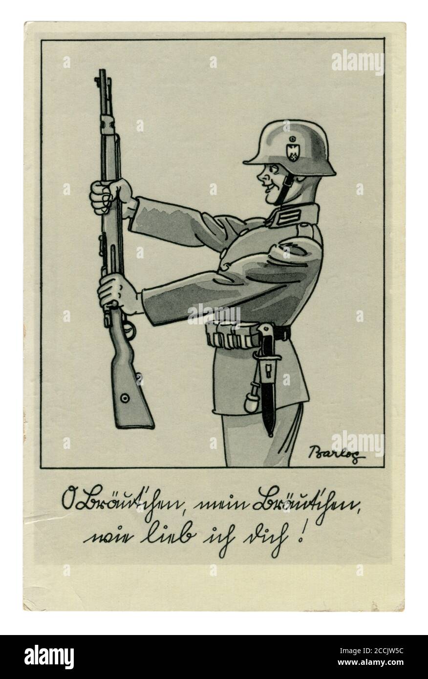 German historical postcard: Smiling Wehrmacht soldier, with a Karabiner 98k in full gear, steel helmet, satirical series, artist Barlog, Germany, 1939 Stock Photo