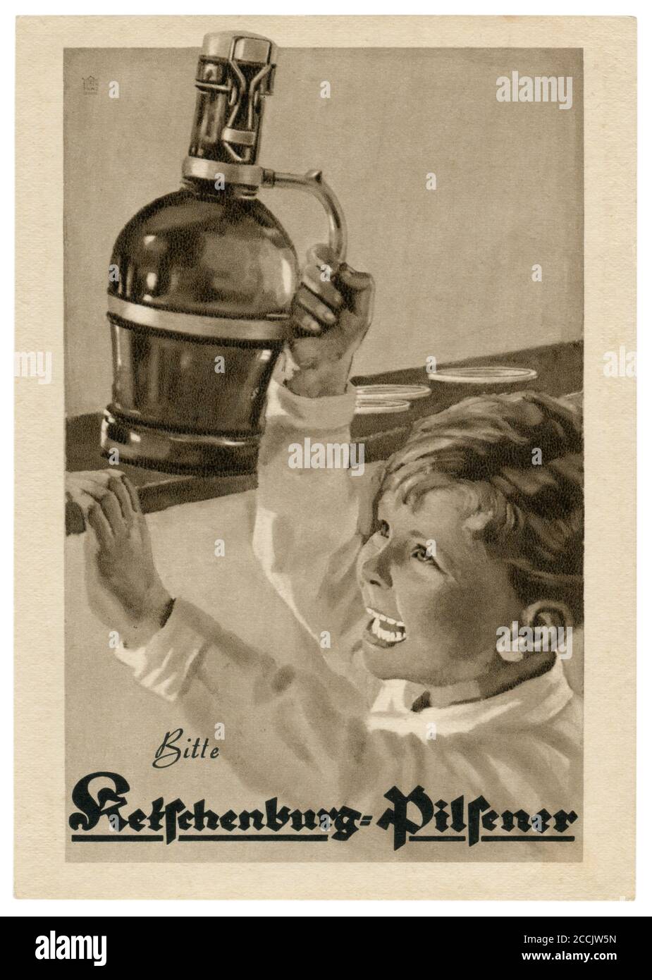 German historical postcard: please Ketschenburg Pilsner. Vintage ads. The smiling boy reaches over and pulls a large bottle of beer from the shelf. Stock Photo
