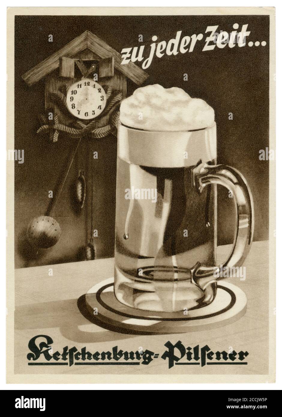 German historical postcard: at any time... Ketschenburg Pilsner. vintage ads. A glass of light frothy beer on the background of a cuckoo clock. Stock Photo