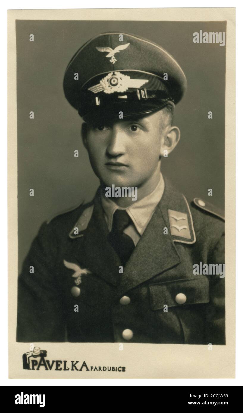 German historical photo: young handsome man, Unterfeldwebel of air force (Luftwaffe) in military uniform, Pardubice, occupied Czechia, Germany, 1941 Stock Photo
