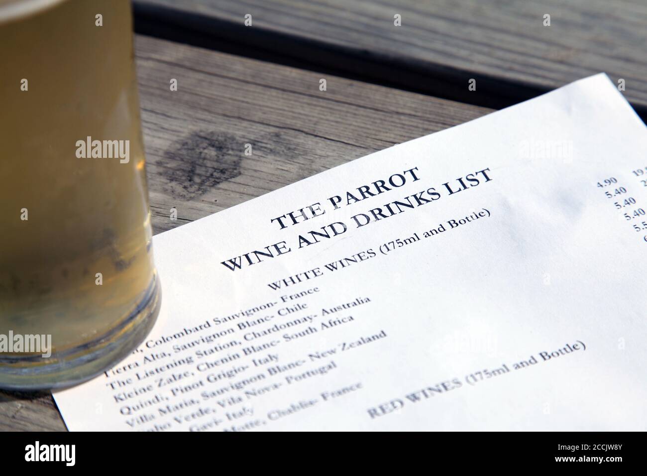 Wine and Drinks list. The Parrot Pub is a public house located in the beautiful village of Forest Green, set deep in the Surrey Hills. August 2020 Stock Photo