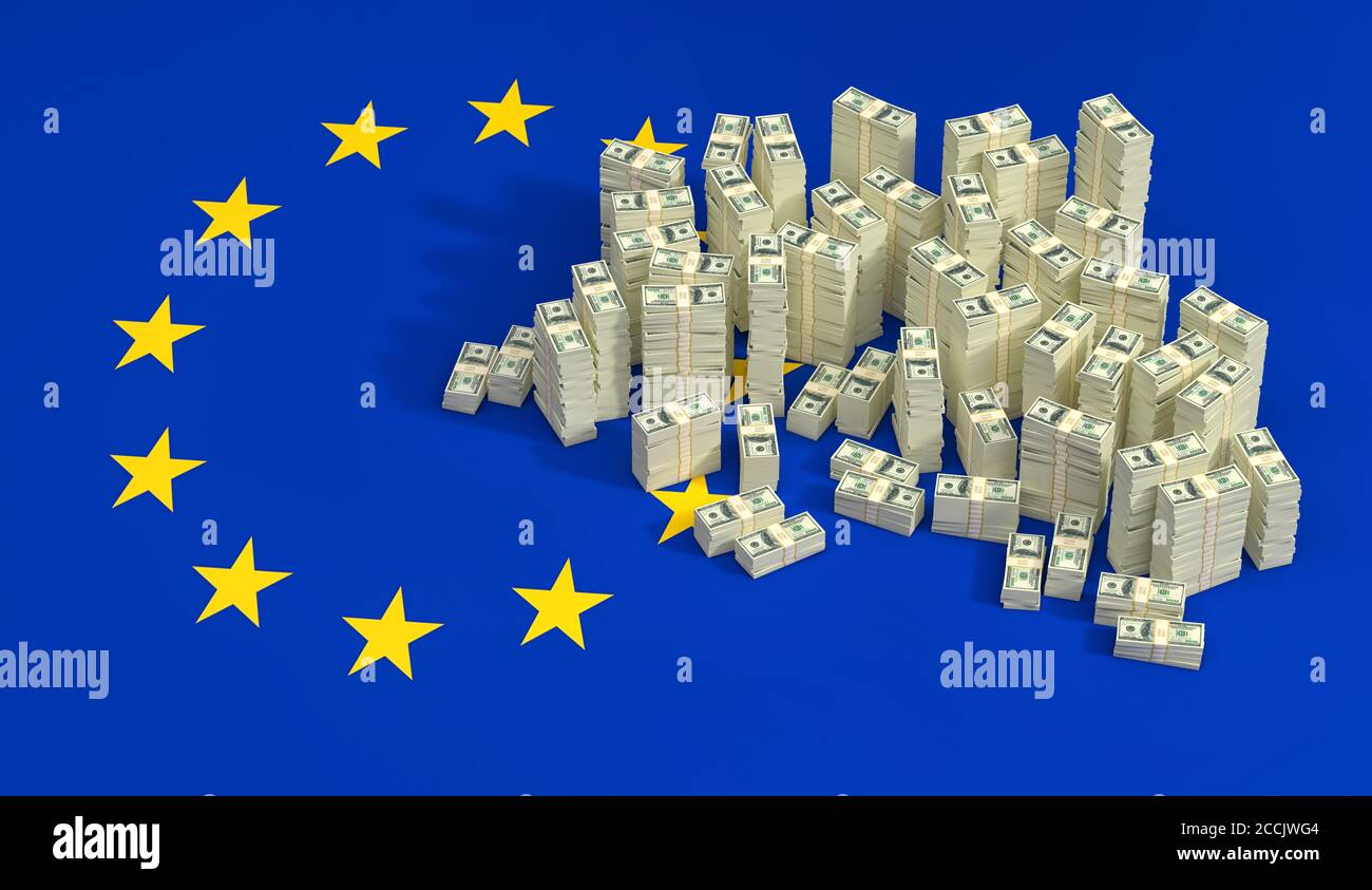 Stacks of 100 Dollar banknotes on European Union flag. 3D Rendering ...